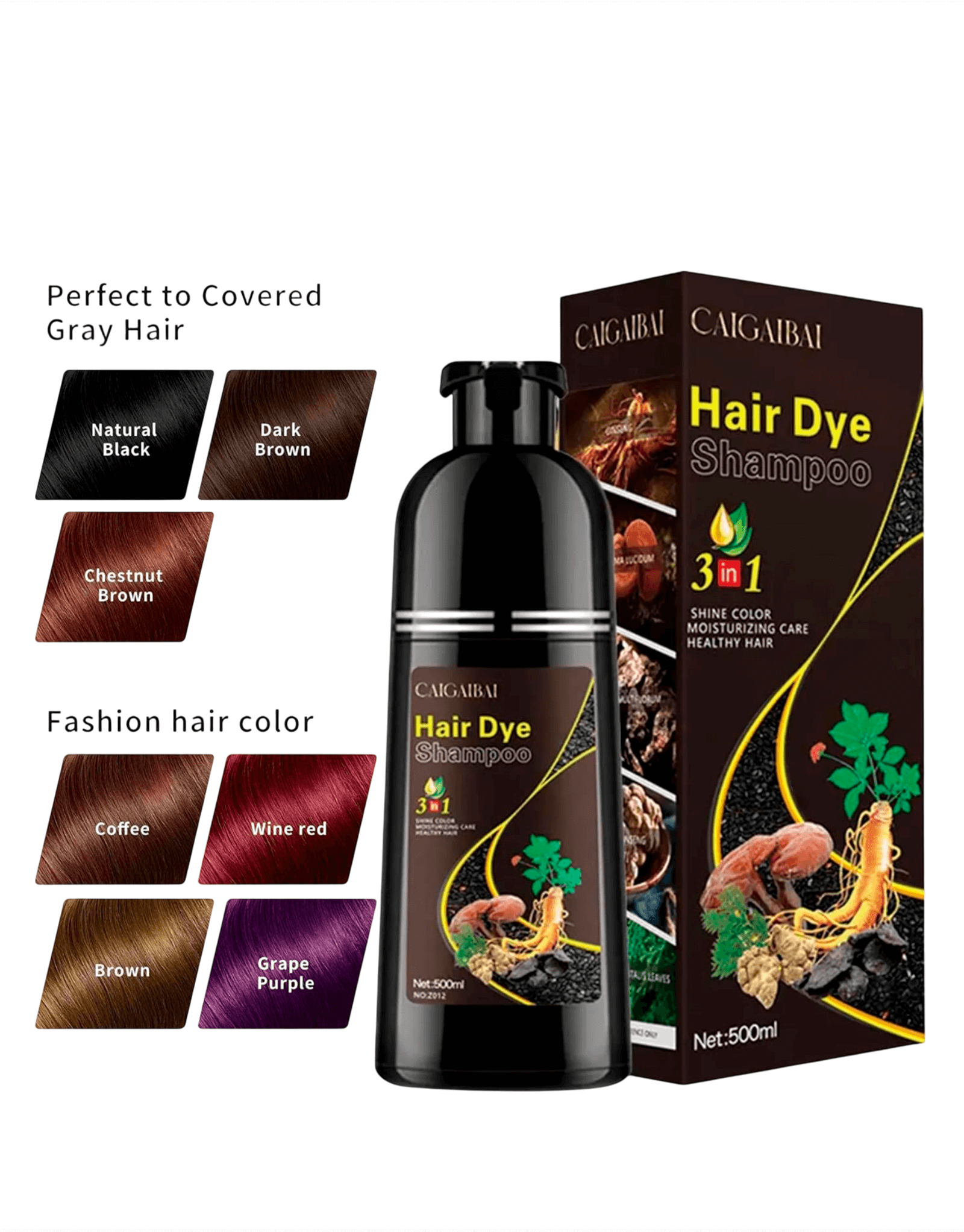Shampoo 3 en 1 Cubre Canas con Jenjibre 500ml NEGRO NATURAL - CAIGAIBAI