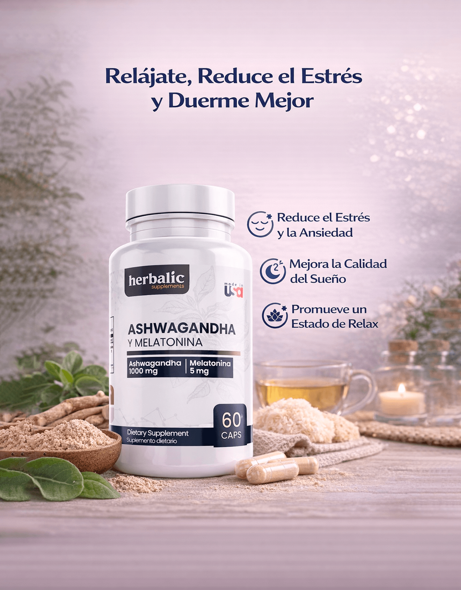 Ashwagandha y Melatonina 1000mg 60 cápsulas - Herbalic 1