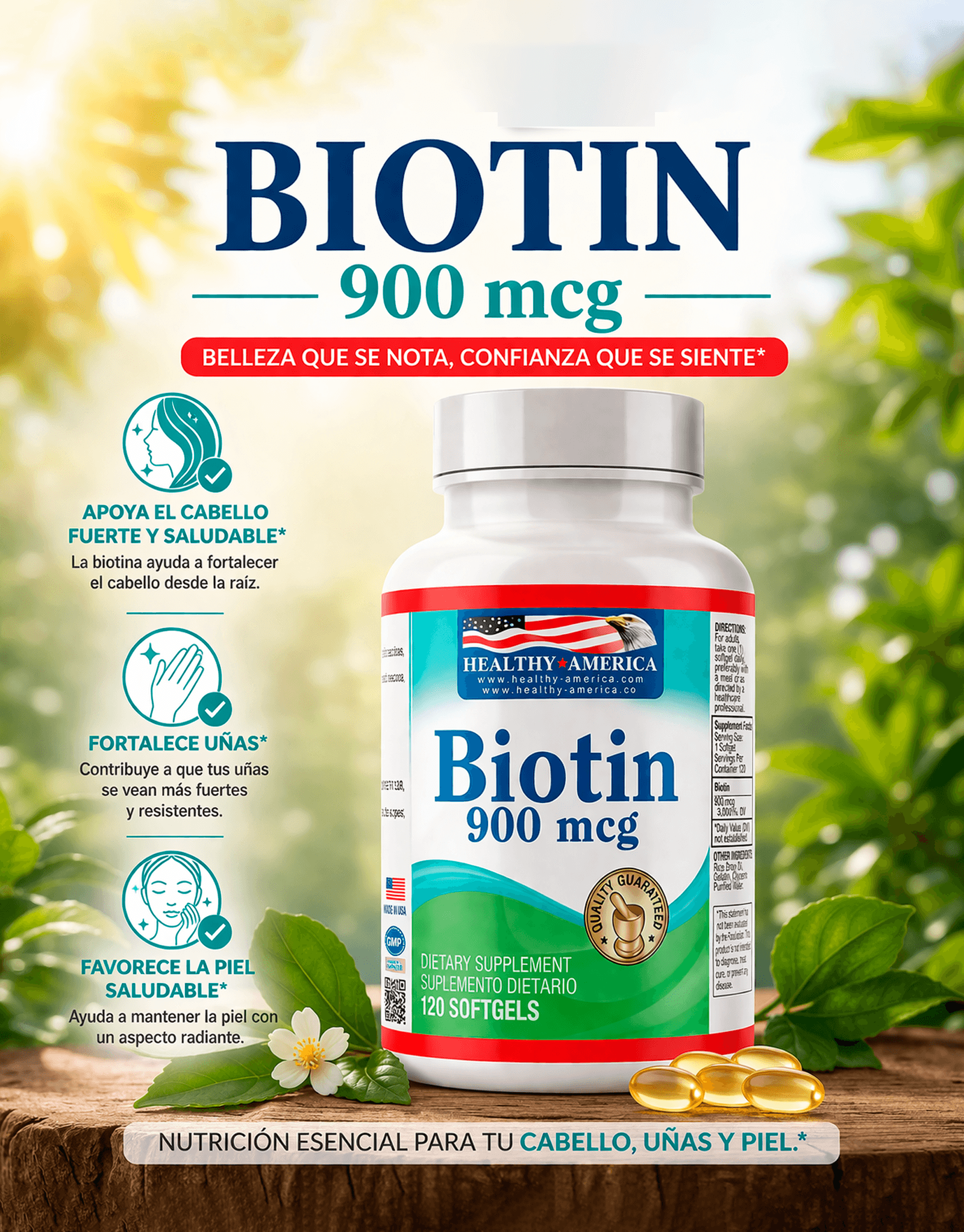 Biotina 900 mcg x 120 softgels- Healthy America 1
