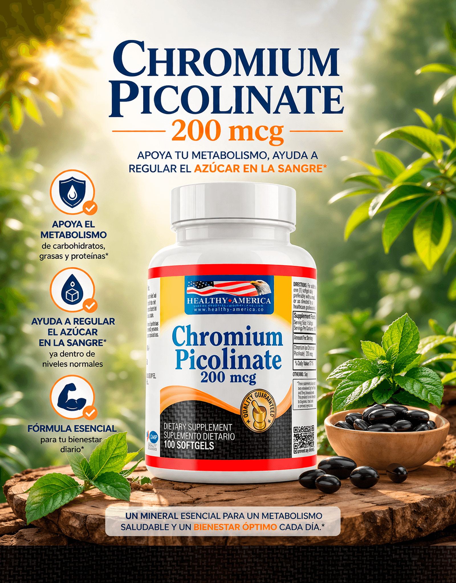Chromium Picolinate 200 mcg x 100 Softgels - Healthy America 1