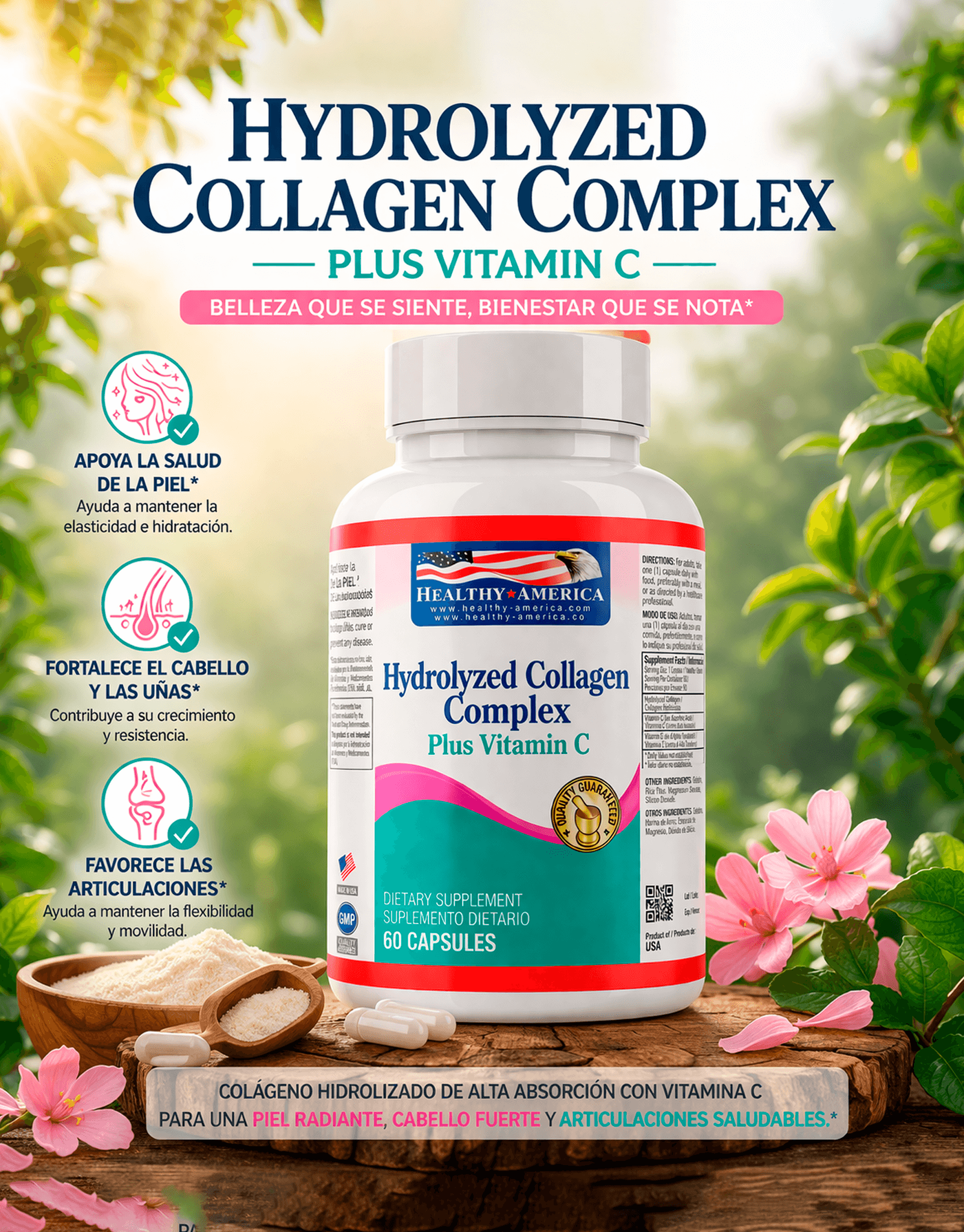 Colágeno Hidrolizado Complex con Vitamina C x 60 Cápsulas - Healthy America 1