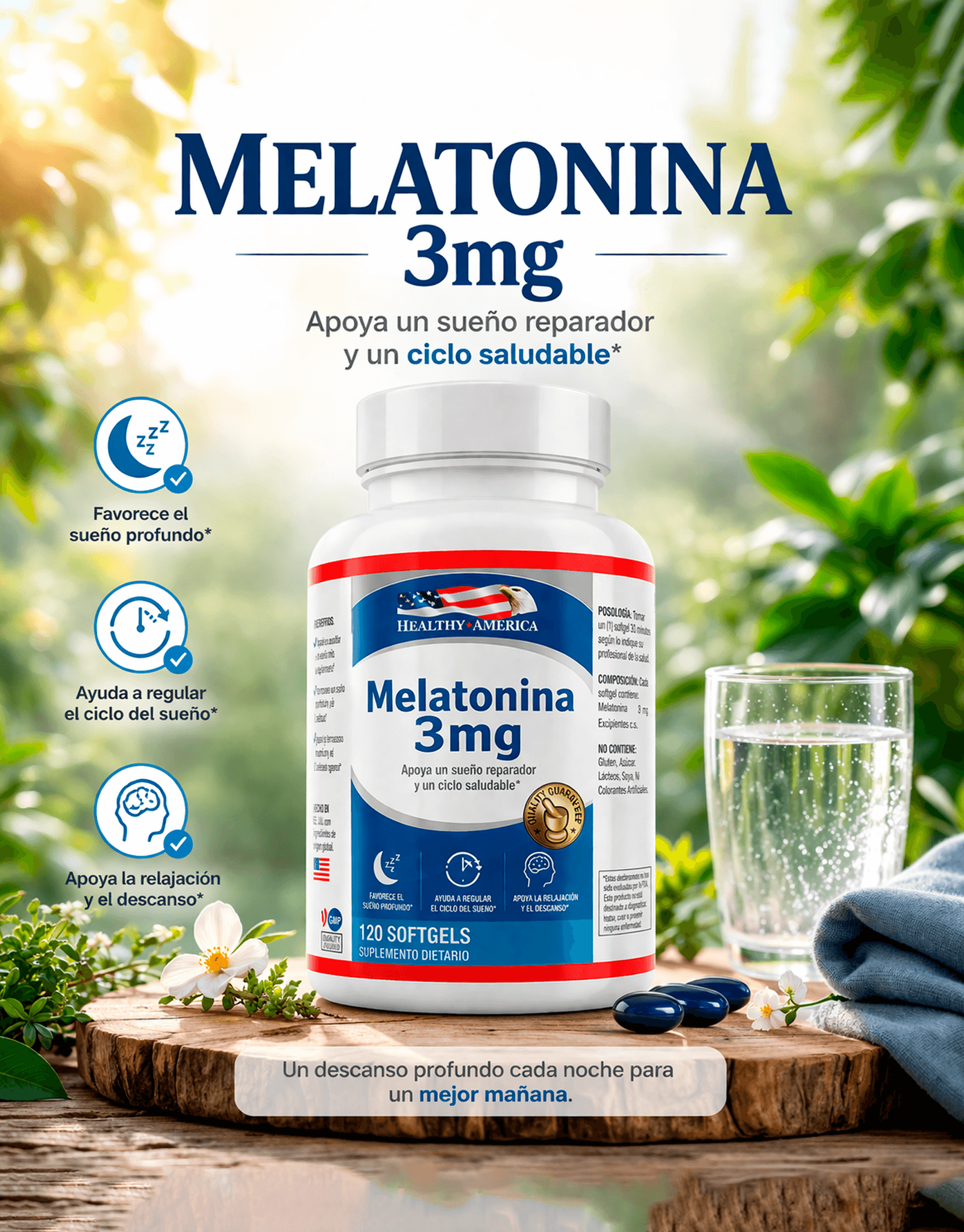 Melatonina 3 mg x 120 Softgels - Healthy America 1