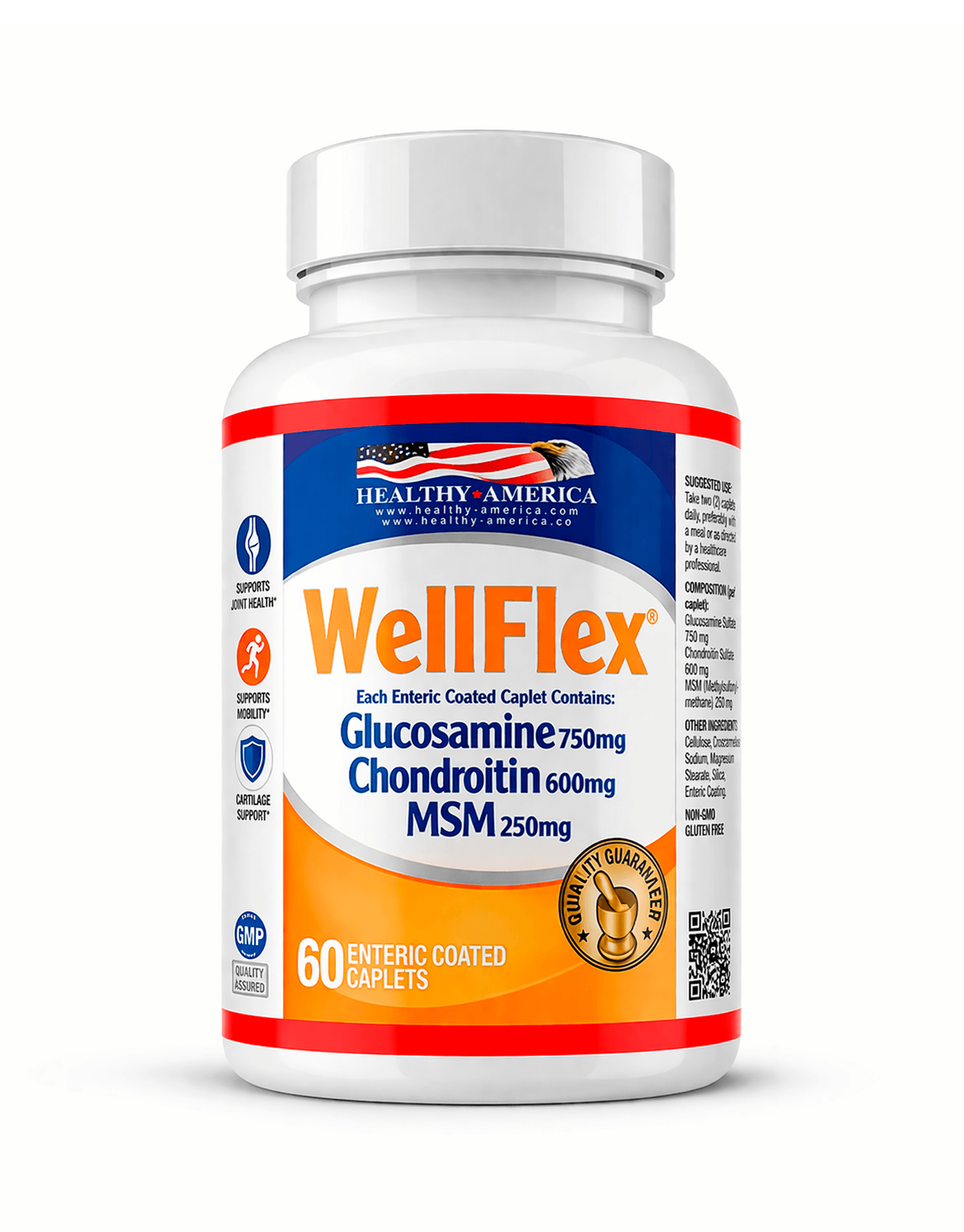 WellFlex Glucosamine 750mg Chindroitin 600mg MSM 250mg x 60 Cápsulas - Healthy America 0