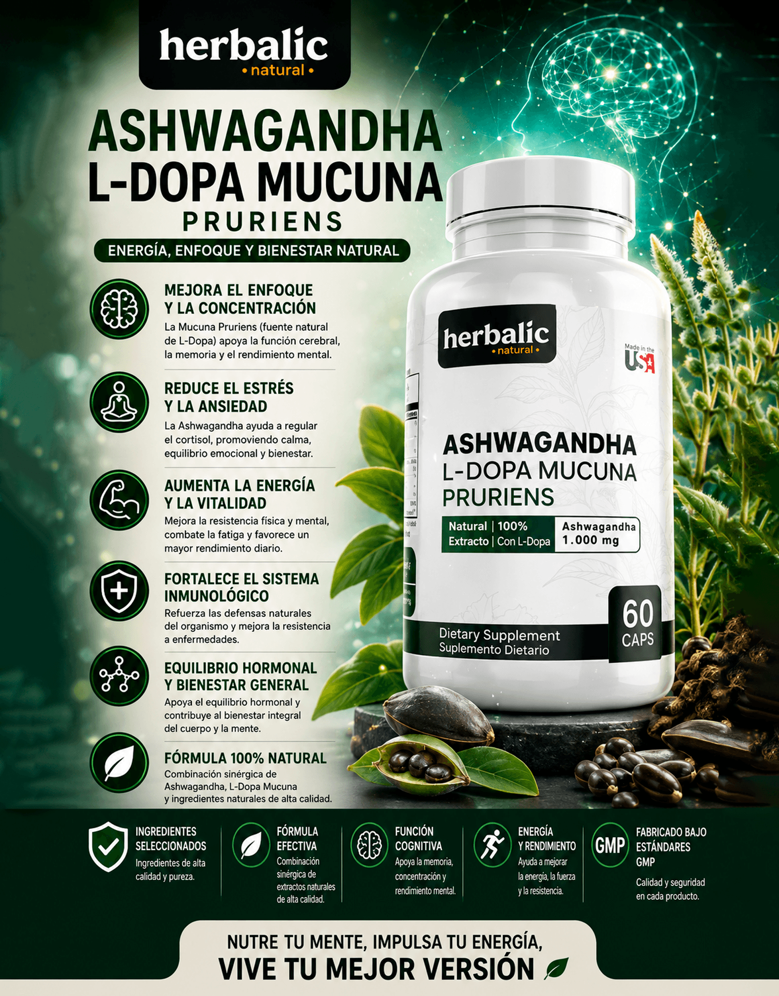 Ashwagandha l-Dopa Mucuna Herbalic 60 capsulas